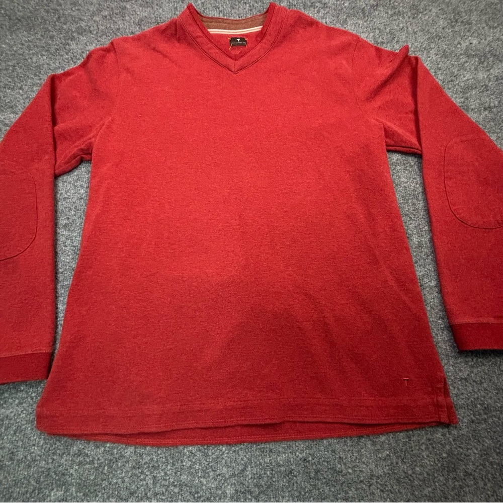 Left Coast Tee Pima Cotton V-Neck Sweater Red Elbow Patches Men's Size L Peru - Picture 4 of 13